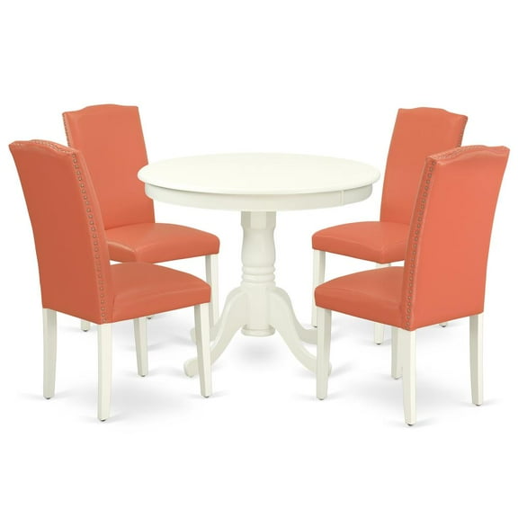 East West Furniture Antique 5-piece Wood Dining Set in Linen White/Pink Flamingo