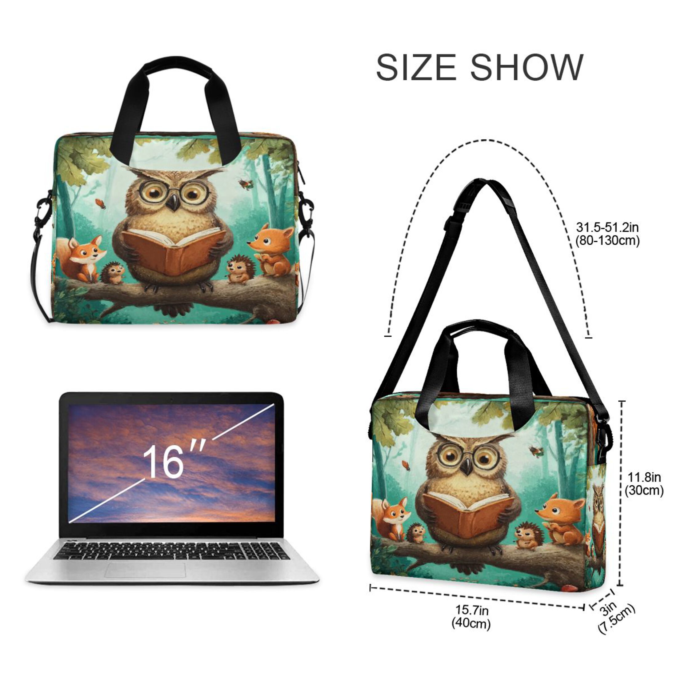 16" Laptop Tote Bag Laptop Sleeve Case Computer Briefcase for Work & Travel Owl Wearing Glasses