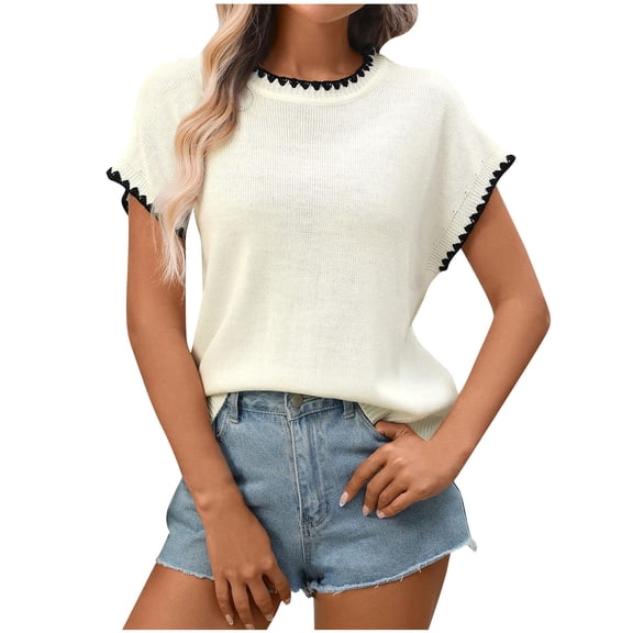 dazeni Cap Short Sleeve Sweater for Women Color Block Casual Crewneck Sweater Shirts Ribbed Knit Pullover Tank Tops Fashion Summer Clothing White X-Large