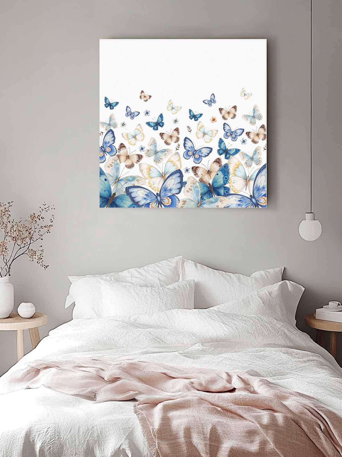 Blue Butterfly Canvas Wall Art, Farmhouse Floral Framed Wall Decor Modern Artwork Prints Painting for Living Room, Bedroom, Kitchen & Cafe Decor 28x28 Inch