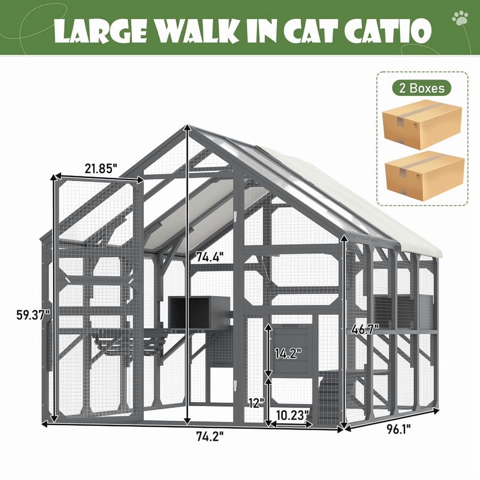 Mirightone Large Catio Outdoor Cat Enclosure with Bridge and Ramp, Wooden Cat House with&nbsp;7 Platforms, 2 Resting Boxes, Cat Outdoor Enclosure with Sunshine Board Roof, Grey