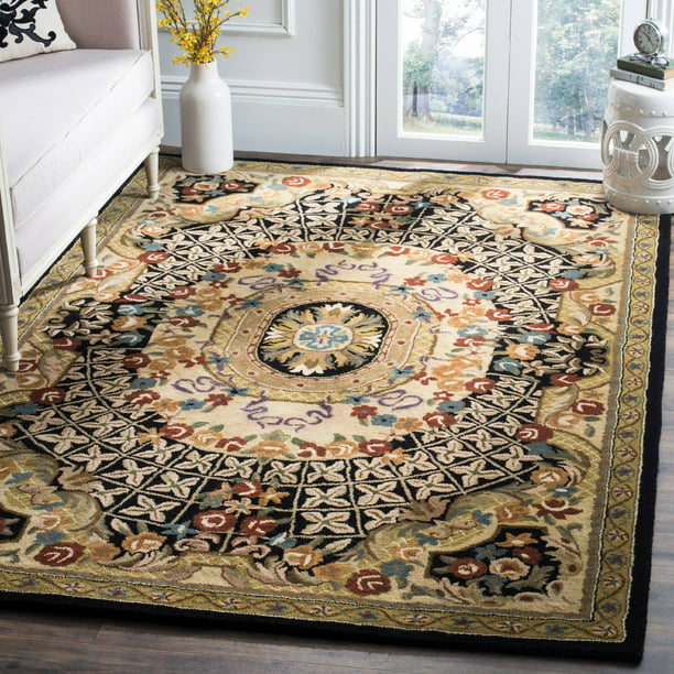Wool Area Rug Black Gold, Small Round Oriental Area Rugs