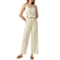 thumbnail image 2 of Pantalones de pierna ancha de satén para mujer con cintura alta elástica casual en beige M, 2 of 6