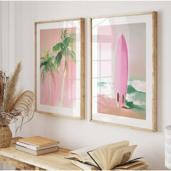 Luvia Pastel Girly Surf Beach Prints Set Of 2, Coastal Palm Tree Poster, Pink Green Beachy Postern Surf Board Artwork, , Modern Wall Decor Set 2 Prints 8x12 UNFRAMED
