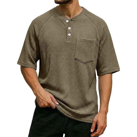 Men'S Waffle Knit Henley Shirts With Chest Pocket Short Sleeve Casual Loose Fit Breathable Tops For Workout And Daily Activities,Khaki,M