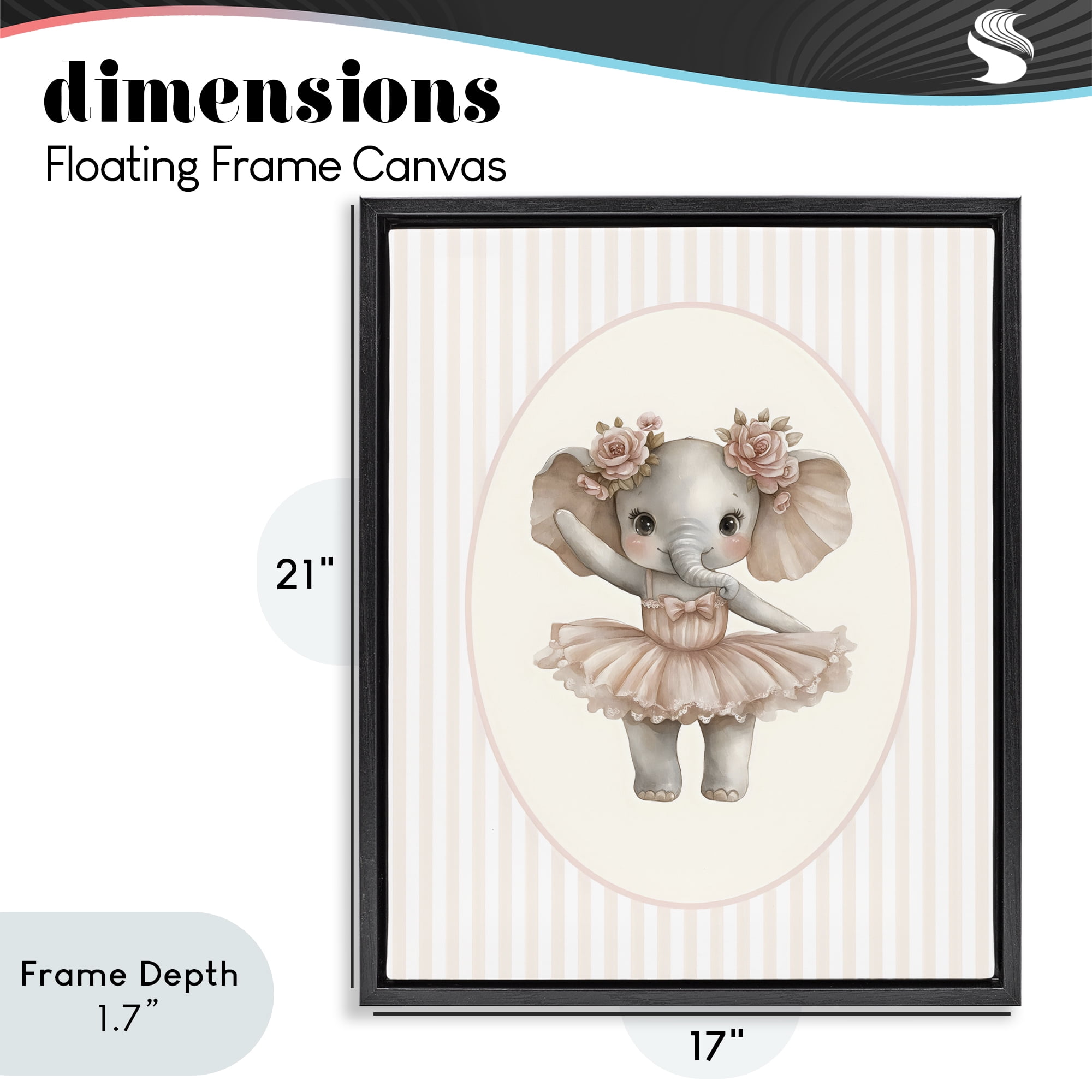 Stupell Industries Nursery Ballerina Elephant Striped Black Framed Floater Canvas Wall Art, design by LSR Design Studio