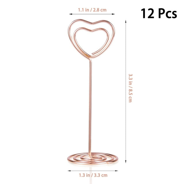 TOYMYTOY 12 soportes para fotos con forma de corazón de oro rosa, soportes para números de mesa, clips para menús de papel para bodas