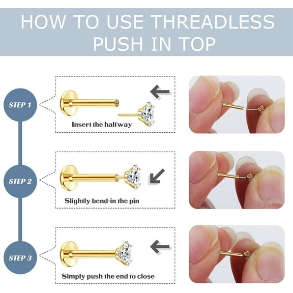 GHRTGR-16G Threadless Push-in Lip Ring - Stainless Steel Tragus Helix Earrings Studs Nose Ring for Women Men - Labret Jewelry Monroe CZ Medusa Cartilage Piercing 8mm