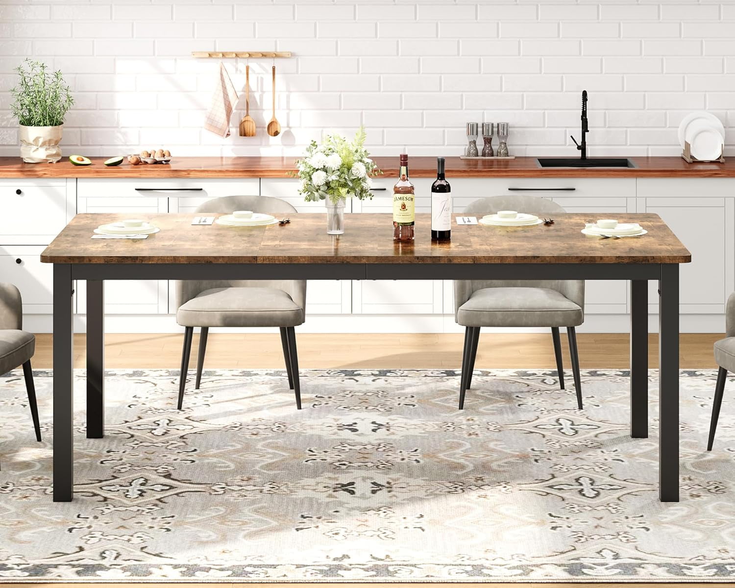 71" Industrial Dining Table, Large Rectangle Kitchen Table with Metal Legs, Round Corners, Wooden Conference Tables Writing Desk for Dining Room, Living Room, Retro Brown