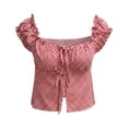 thumbnail image 6 of HUAXUN Women’s Red White Small Grid Gingham Off Shoulder Ruffle Trim Puff Short Sleeve Tie Front Hollow Cropped Oktoberfest Festival Casual Blouse (Red,L), 6 of 6