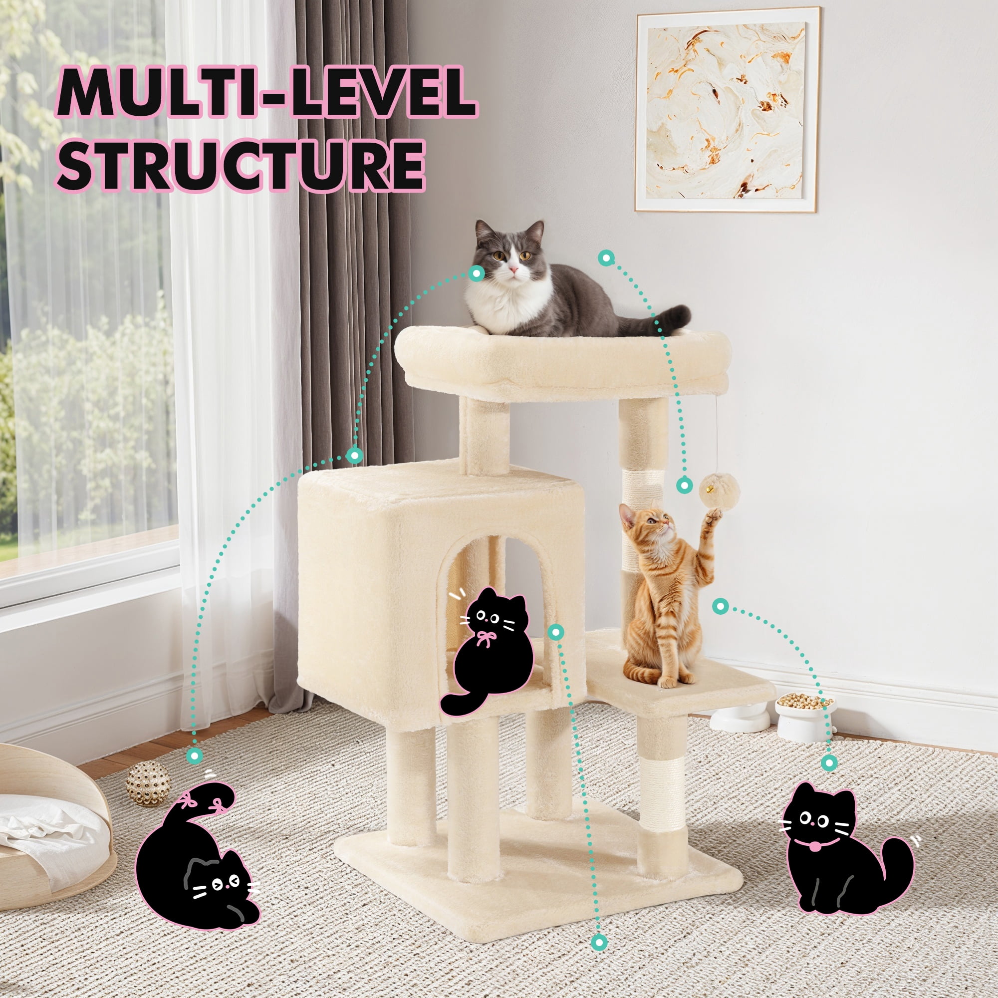 Einfach 29" Cat Tree Tower with Plush Perch Condo House for Indoor Cats & Scratching Post, Beige
