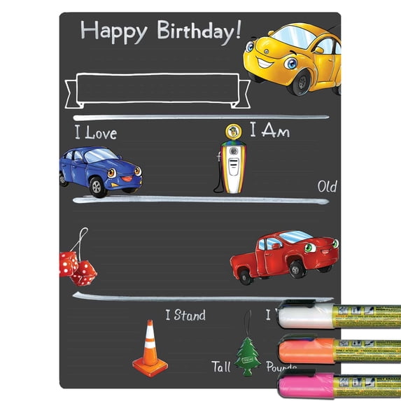 Cohas Car Theme Birthday Milestone Chalkboard, 9 by 12 inches, 3 Bright Markers