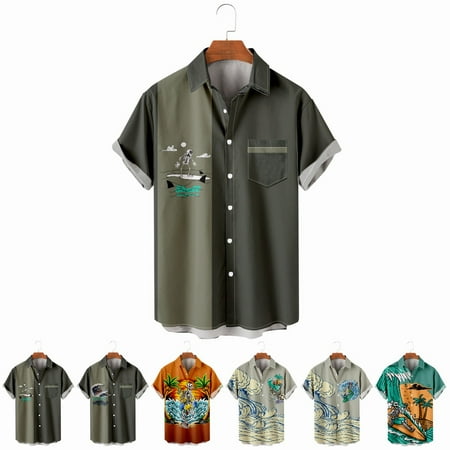 

LANLIN Hawaii Toddler Boys Button Up Tops Shirt with Chest Pocket Funky Clothes Size 100-170/XXS-8XL