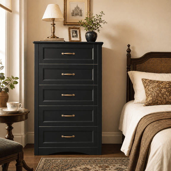 Aiho Farmhouse Dresser for Bedroom, Tall Wood Dresser with 5 Drawer, Chest of Drawers with Metal Handle for Living Room, Hallway, Closet - Black