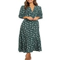thumbnail image 3 of PENGXIANG Femmes 3/4 Manches Bouton vers le Bas Floral Robe Maxi Élégant V Cou Fluide Partie Casual Boho Taille Haute Robe, 3 of 7