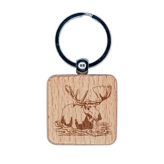 Moose Wading in Water Square Keychain Charm Tag - Engraved Wood