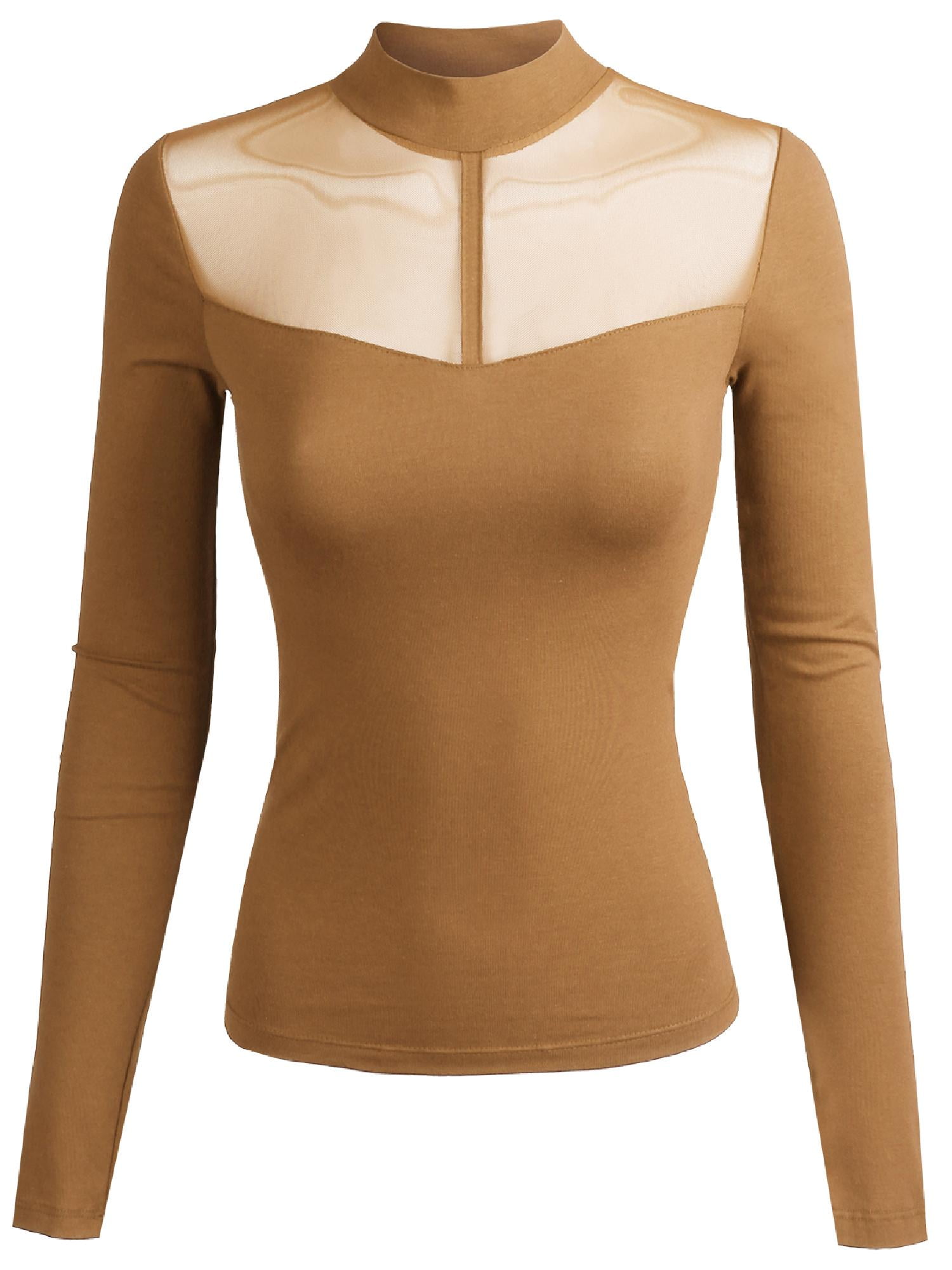 FashionOutfit Women's Fitted Long Sleeve Stretch Mock Neck Mesh Detail Top - Walmart.com