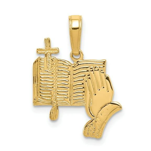 14K Gold Bible Praying Hands & Cross Pendant Charm Religious Jewelry 20 x 16 mm
