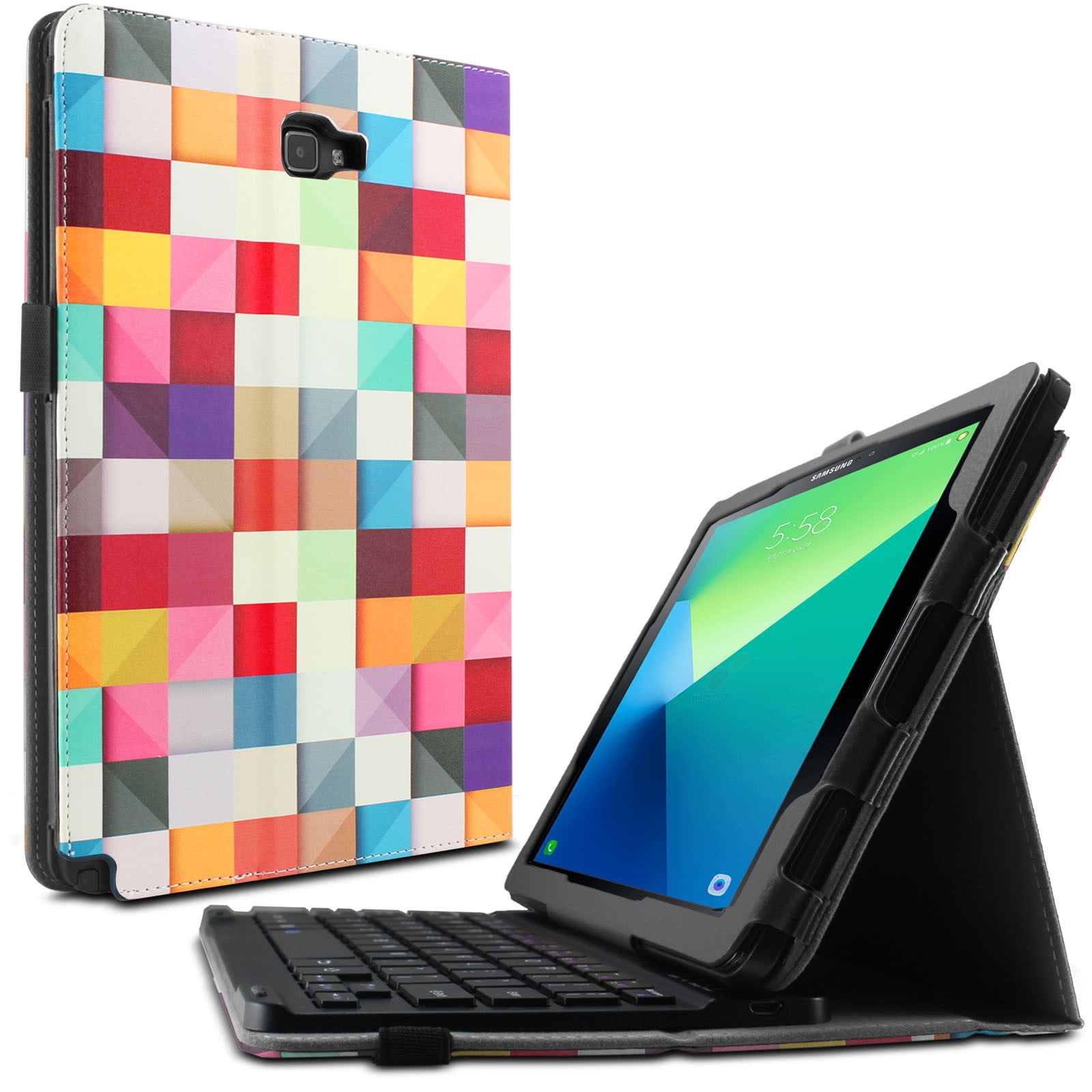 Infiland Folio PU Leather Case Cover with Detachable Bluetooth Keyboard for Samsung