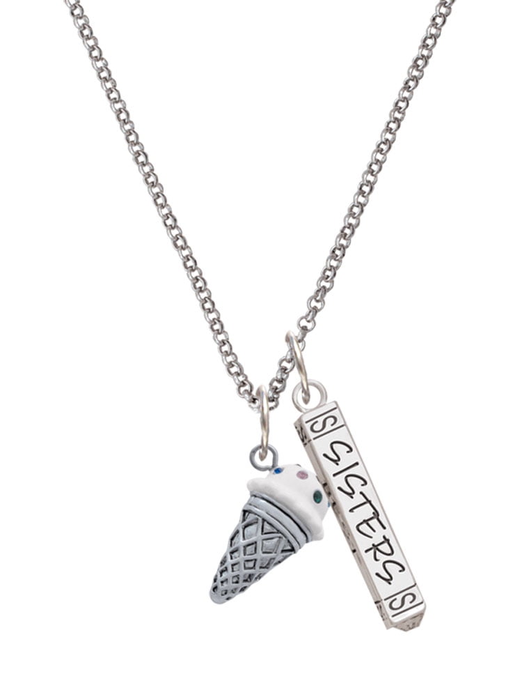 Delight Jewelry Silvertone 3-D Resin Vanilla Ice Cream Cone with Crystals Silvertone Sisters Best Friends Forever Bar Charm Necklace, 23"