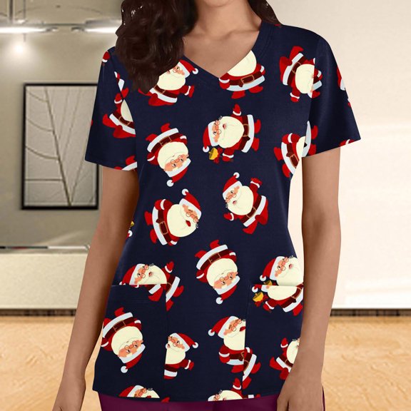 Summer Savings!Uniformes Enfermera Women,Christmas Scrubs for Women Tops,Women Tops Short Sleeve V-neck Tops Working Uniform Christmas Print with Pocket Blouse