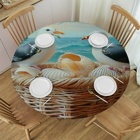 

Patifu Birds Shells Basket Round Tablecloth - Stain-Resistant & Washable - Ideal for Indoor and Outdoor Use - Great for Home Kitchen Parties Holiday Dinners - Multiple Sizes Available 31 -35