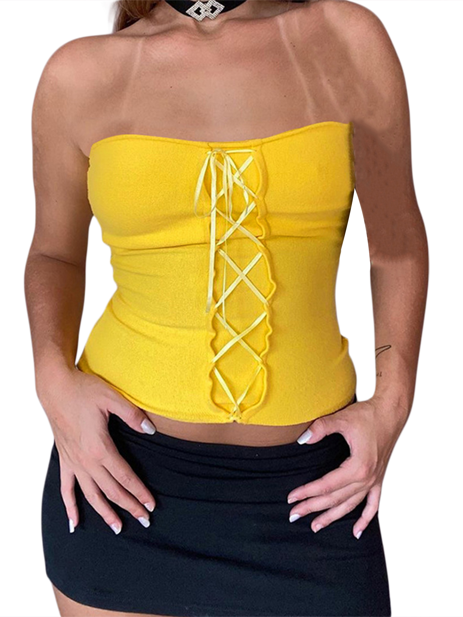 Peyakidsaa Women's Summer Strapless Bandeau Tube Crop Top Yellow