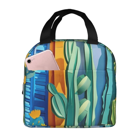 Easygdp Bright Paper Cactus Scene Bolsa Térmica Premium - Tela Oxford Impermeable, Gran Capacidad, Bolsillo Frontal, Unisex para Trabajo, Escuela, Actividades al Aire Libre y Picnics