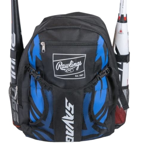Bolso béisbol juvenil Rawlings Savage - Bolso bateo niños - Mochila resistente - 2 bates - Gancho colgar - Negro/Real