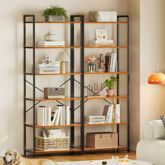 Casacomoda Book Shelf Set of 2, 6 Tier Bookcase, Storage Shelf, Industrial Bookcase for CDs, Photos, Books, Modern Bookshelf for Home Office, Living Room, Kitchen, Bedroom, Rust Brown