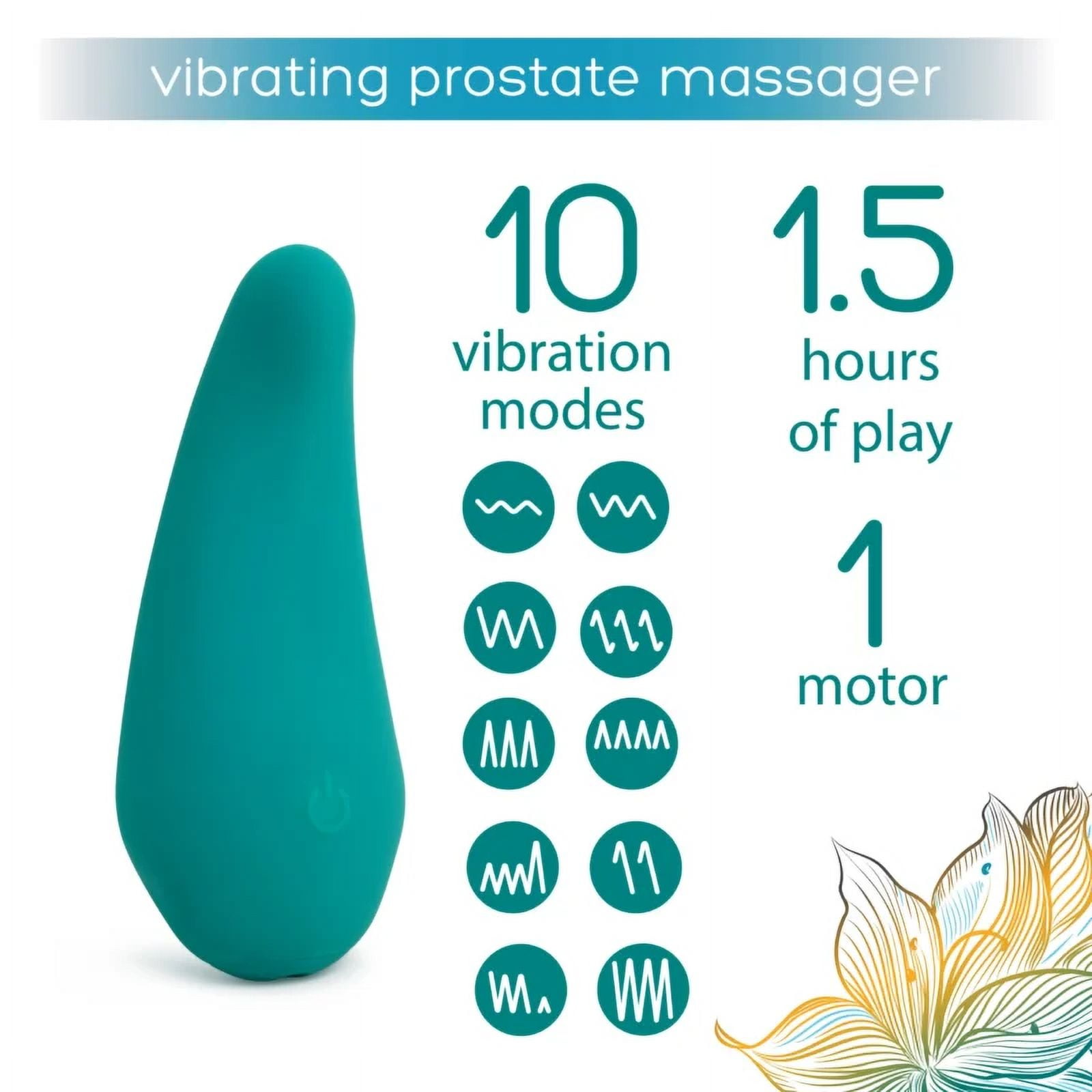 plusOne Vibrating External Prostate Massager, Teal, 10 Vibration Settings