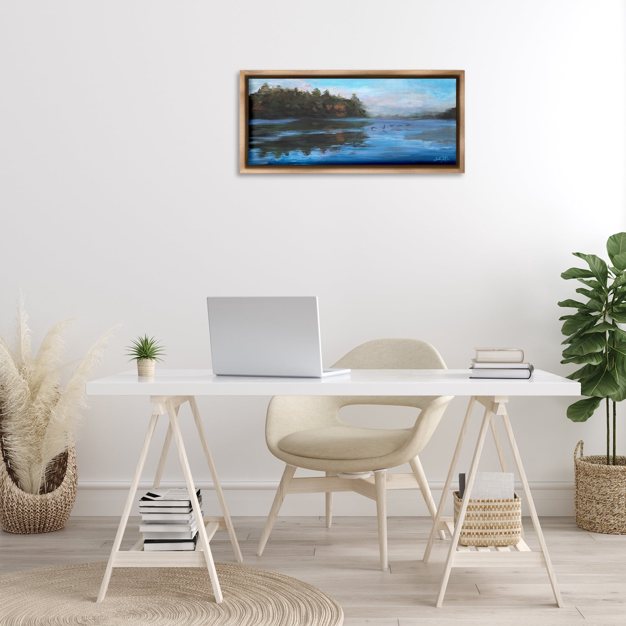 Stupell Industries Birds Along River Landscape Painting Brown Floater Framed Art Print Wall Art, 31 x 14