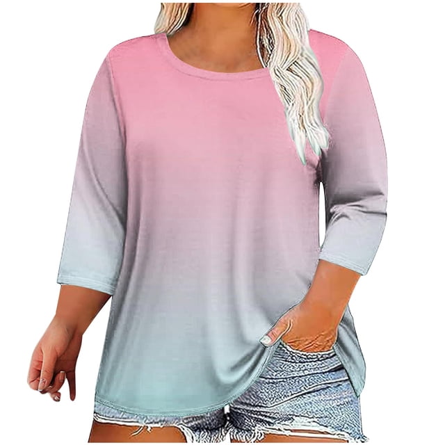 Birdeem T-Shirts Grande Taille pour Femmes T-Shirts Grande Taille Imprimés Col Rond Manches Trois Quarts T-Shirts Manches 3/4 T-Shirts Amples Grande Taille pour Femmes
