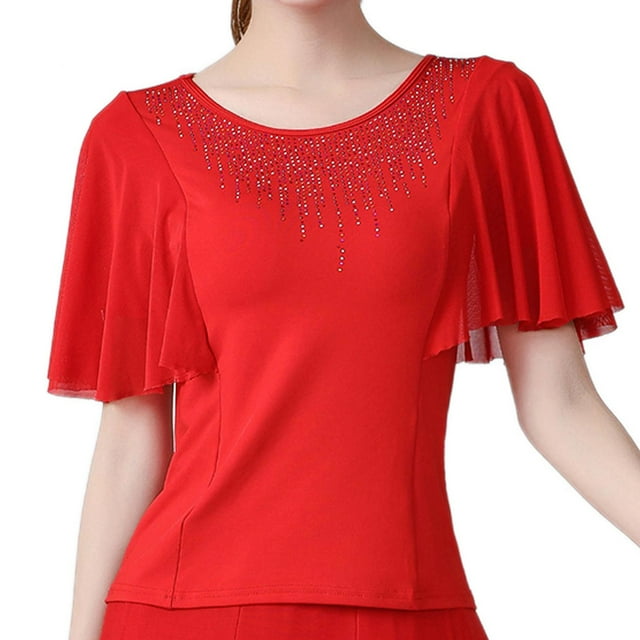 Elegante blusa de manga corta acampanada para baile de salón, ideal para chachachá rumba latina. M