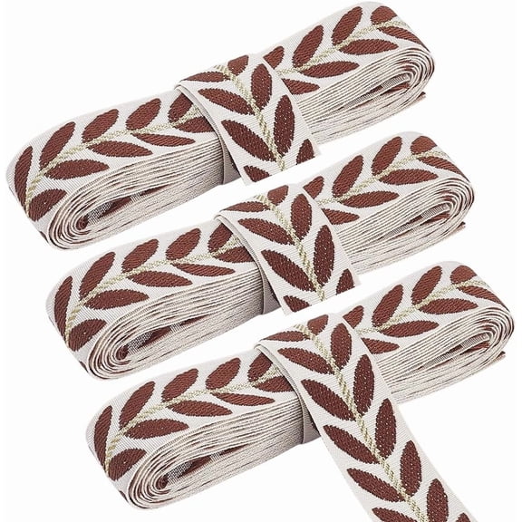 3 Rolls 1 Inch Brown White Jacquard Embroidered Ribbon Leaf Pattern Boho Embroidery Applique Trimming Ribbons Woven Fabric Trim Tape for DIY