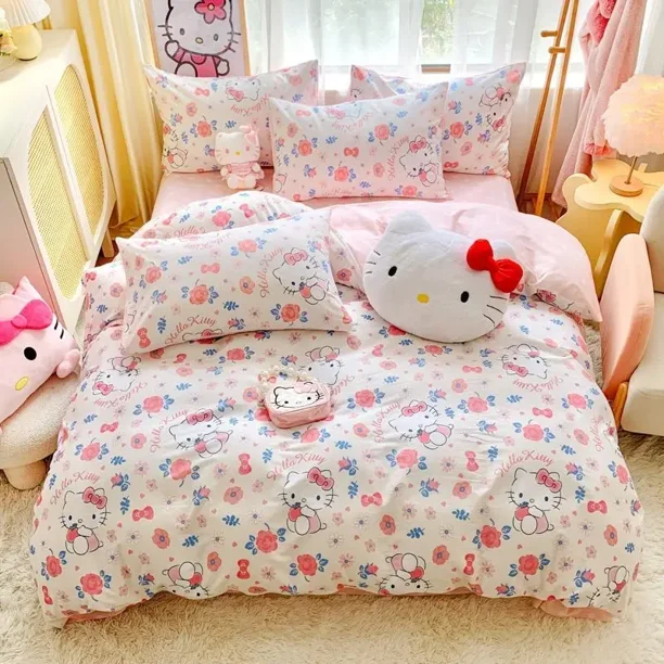 Sanrio Hello Kitty Bedding Set Cute Cotton Four Piece Double Queen Size Bed Linens Pillowcase Girl Dorm Bedclothes Home RJ Walmart