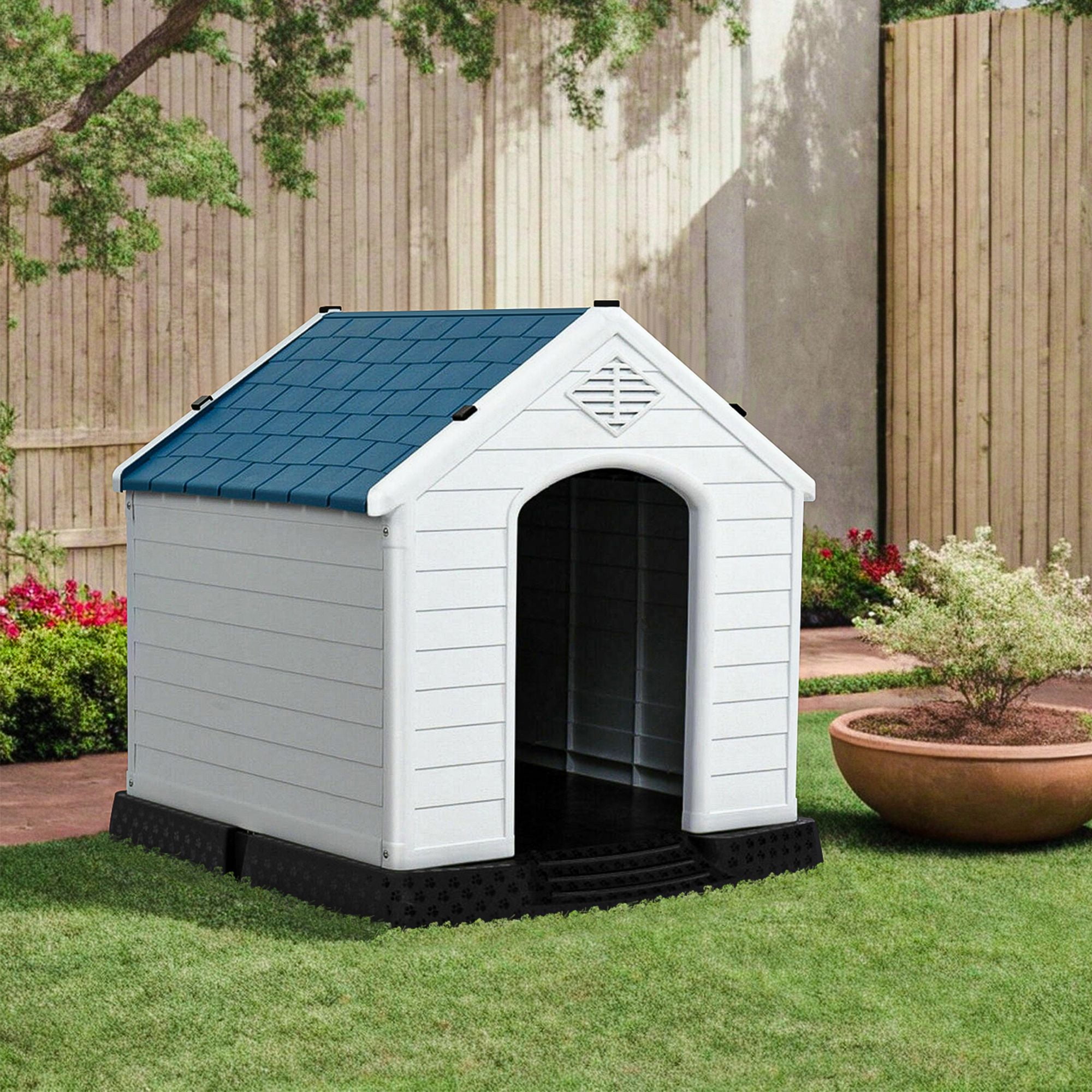 Pefilos 33" Outdoor Dog House, Sun Protection Pet Houses for Medium Dogs, Weatherproof Cat House with Ventilation System and Fastening Device, White