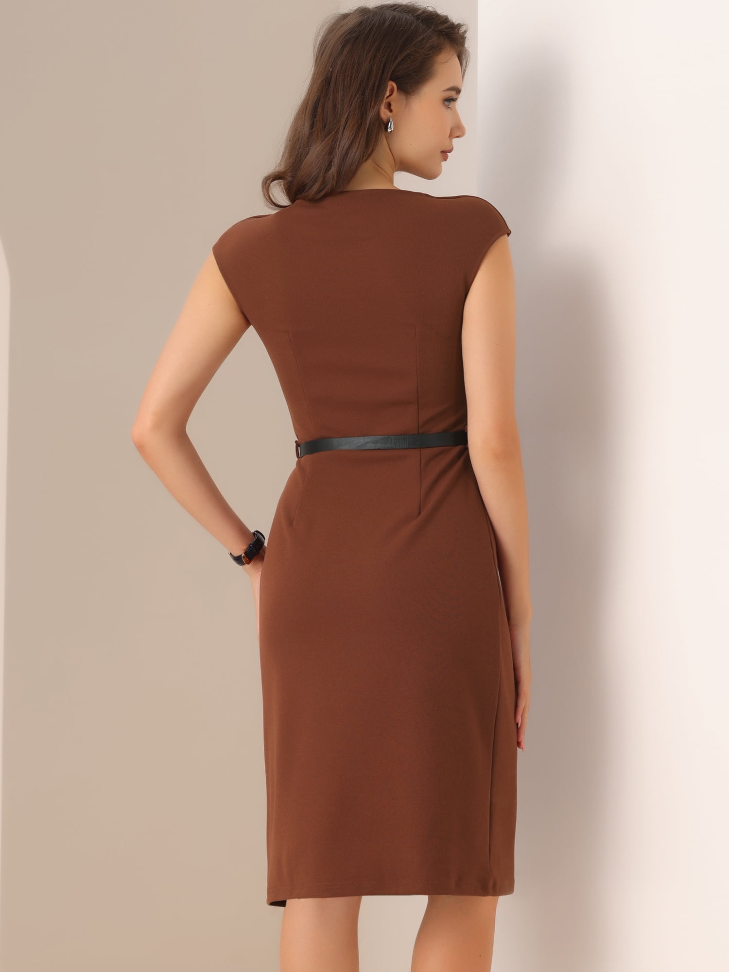 DARING DIVA Elegant Round Neck Cap Sleeve Belted Work Sheath Dresses M Brown