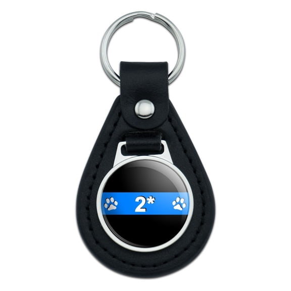 Thin Blue Line 2 Two Asterisk K-9 Unit Police Paw Prints Black Leather Keychain