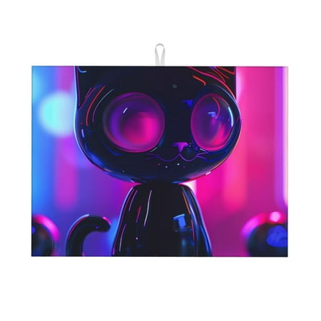 

Tebeau Neon Toy Cat Reflections Print Dish Drying Mat for Kitchen Counter Dish Drying Pad with Non-slip Rubber Backed Hide Stain Anti Absorbent for Kitchen Counter Drying Mat