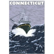 Connecticut - Crab Fishing Boat Scene: Retro Travel Poster by Eazl Canvas Poster