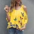 thumbnail image 4 of TureClos Women Shirt Printed Off Shoulder Top Round Neck Hollow Casual Blouse, Yellow, S, 4 of 5