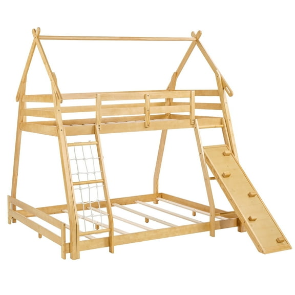 EDX Twin Over Full Bunk Bed, House Bed with Climbing Nets and Climbing Ramp, Wood Bunk Bed with Roof, Low Bunk Bed Frame with Safety Guardrails and Ladder,for bedroom ,Wood color