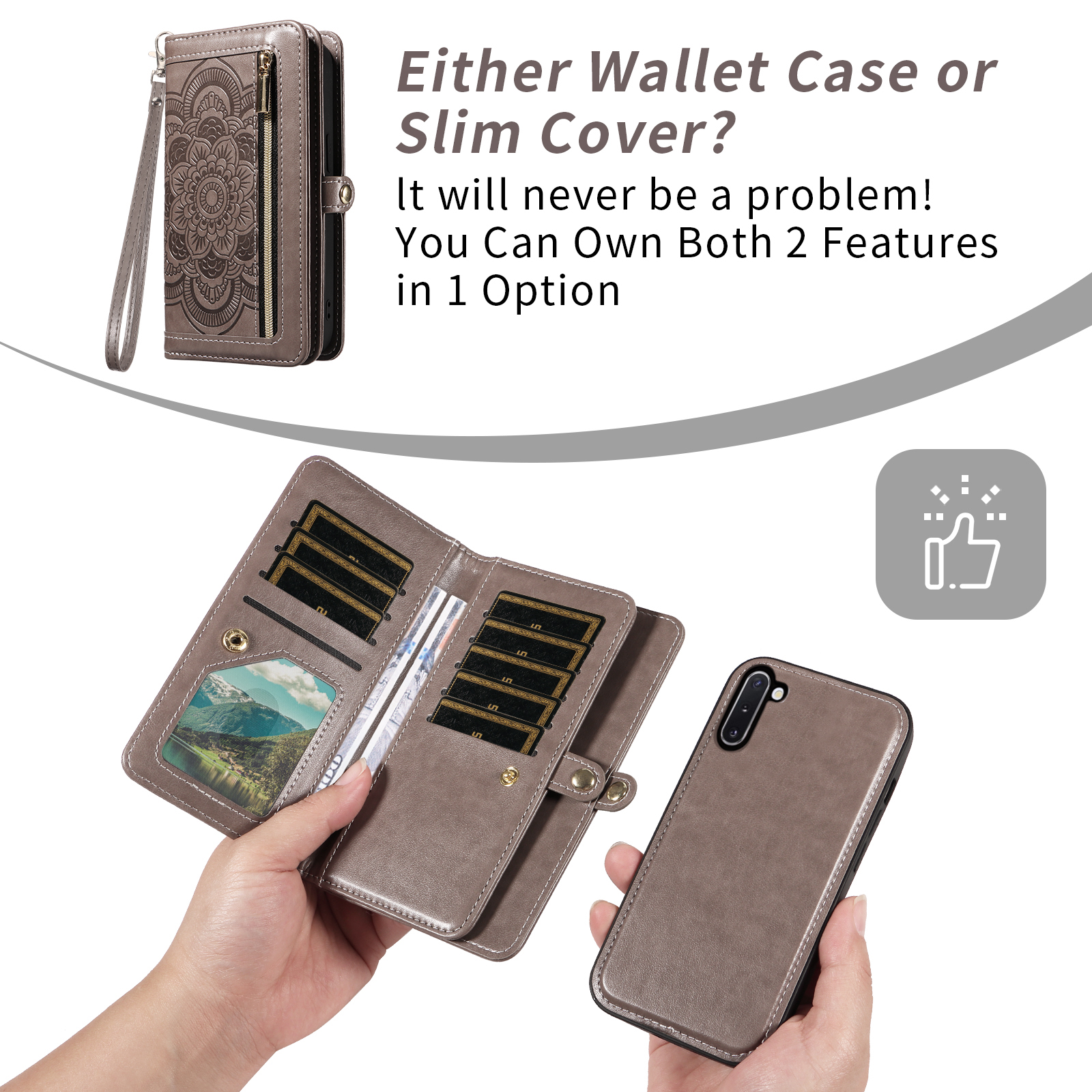 Asuwish Phone Case for Samsung Galaxy Note 10 5G Zipper Wallet Detachable Cell Cover with Tempered Glass Screen Protector Lanyard Strap Flower Flip Card Holder Note10 Notes 10s Ten Not S10 Women Gray