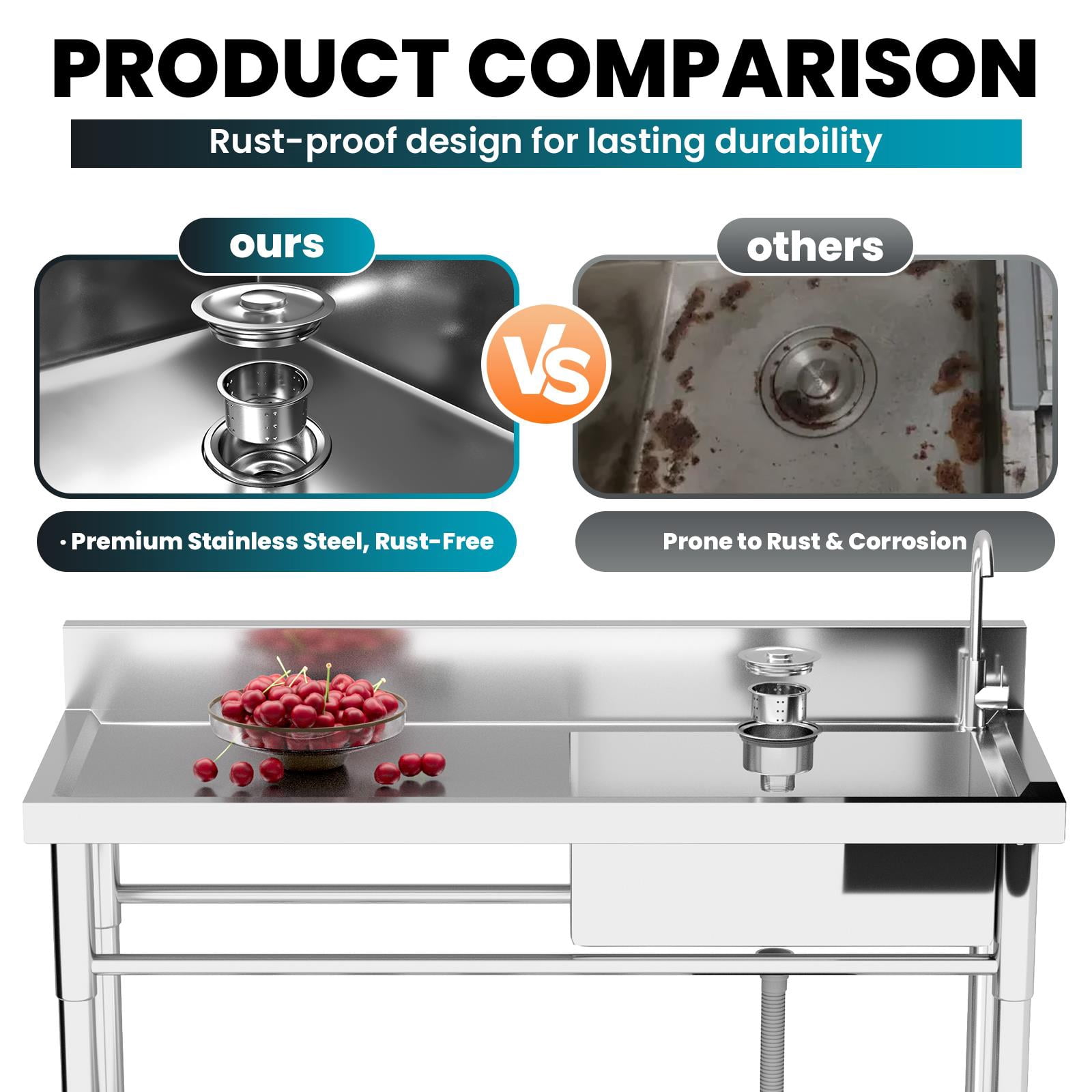Zhuotong Heavy Duty 47.3" Stainless Steel Utility Sink, Freestanding Single Bowl Sink with Prep Table & Swivel Faucet for Kitchen, Restaurant, Garage