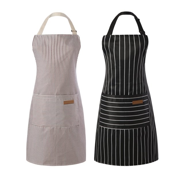 Tosewever 2 delantales de cocina de mezcla de algodón y poliéster, delantales ajustables con 2 bolsillos para mujeres, hombres, chef (rayas negras/marrones 2)