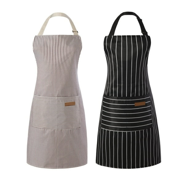 Tosewever 2 delantales de cocina de mezcla de algodón y poliéster, delantales ajustables con 2 bolsillos para mujeres, hombres, chef (rayas negras/marrones 2)