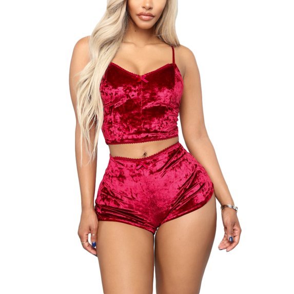 Akmipoem 2 Piece Women Pajama Set Sleepwear Velvet Camisole Crop Nightgown Sets