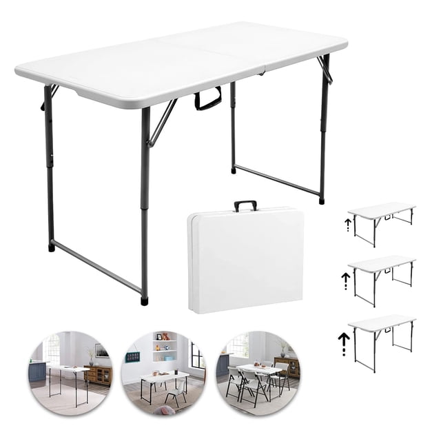 Raganet, Mesa Plegable de Plastico, 121Centimetros de Largo, Ajustable a 3 Diferentes Alturas, Plástico Resistente para Interiores y Exteriores, Forma Rectangular, Plegable en Portafolio Color Blanco.