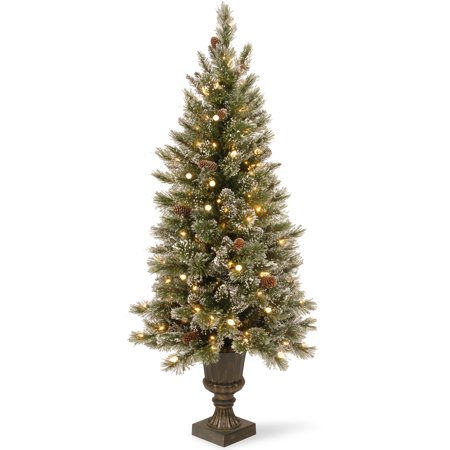 National Tree Pre-Lit 5' Glittery Bristle Pine Entrance Artificial Christmas Tree with White Tipped Cones in a Dark Bronze Plastic urn with 150 Soft White LED Lights with C7 Diamond Caps